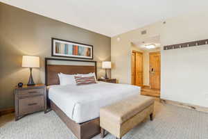 Bedroom featuring carpet and a closet