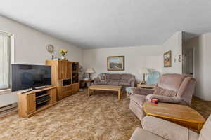 Living area with light colored carpet and a textured ceiling