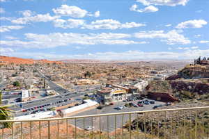 Aerial view of a commercial area and mountains