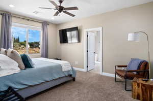 Carpeted bedroom with a ceiling fan and ensuite bathroom