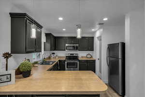 Kitchen featuring stainless steel appliances, light countertops, dark cabinets, light wood-type flooring, and pendant lighting