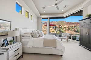 Bedroom featuring a ceiling fan, carpet flooring, and recessed lighting