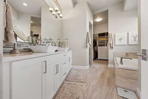 Bathroom with a walk in closet, double vanity, and a bath