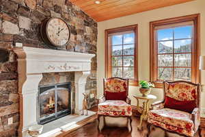 Limestone fireplaces in the home are hand-carved in Italy