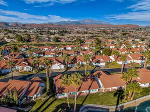 Aerial perspective of suburban area featuring mountains