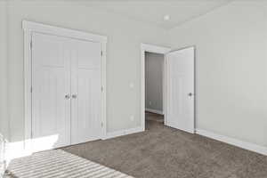 Unfurnished bedroom featuring carpet and a closet