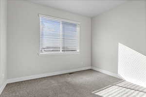 Unfurnished room with light carpet and baseboards
