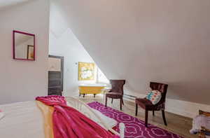 Bedroom featuring wood finished floors, vaulted ceiling, and baseboard heating
