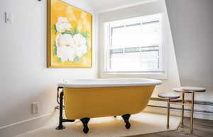 Living area with a baseboard radiator and light wood finished floors