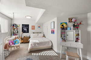 Bedroom featuring carpet floors and a textured ceiling