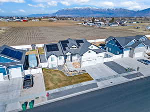 Aerial view of residential area with mountains