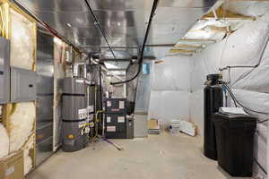 Utilities featuring secured water heater, electric panel, and heating unit