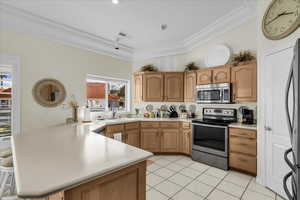 Kitchen featuring stainless steel appliances, a kitchen breakfast bar, a peninsula, wood finish cabinets, and light countertops