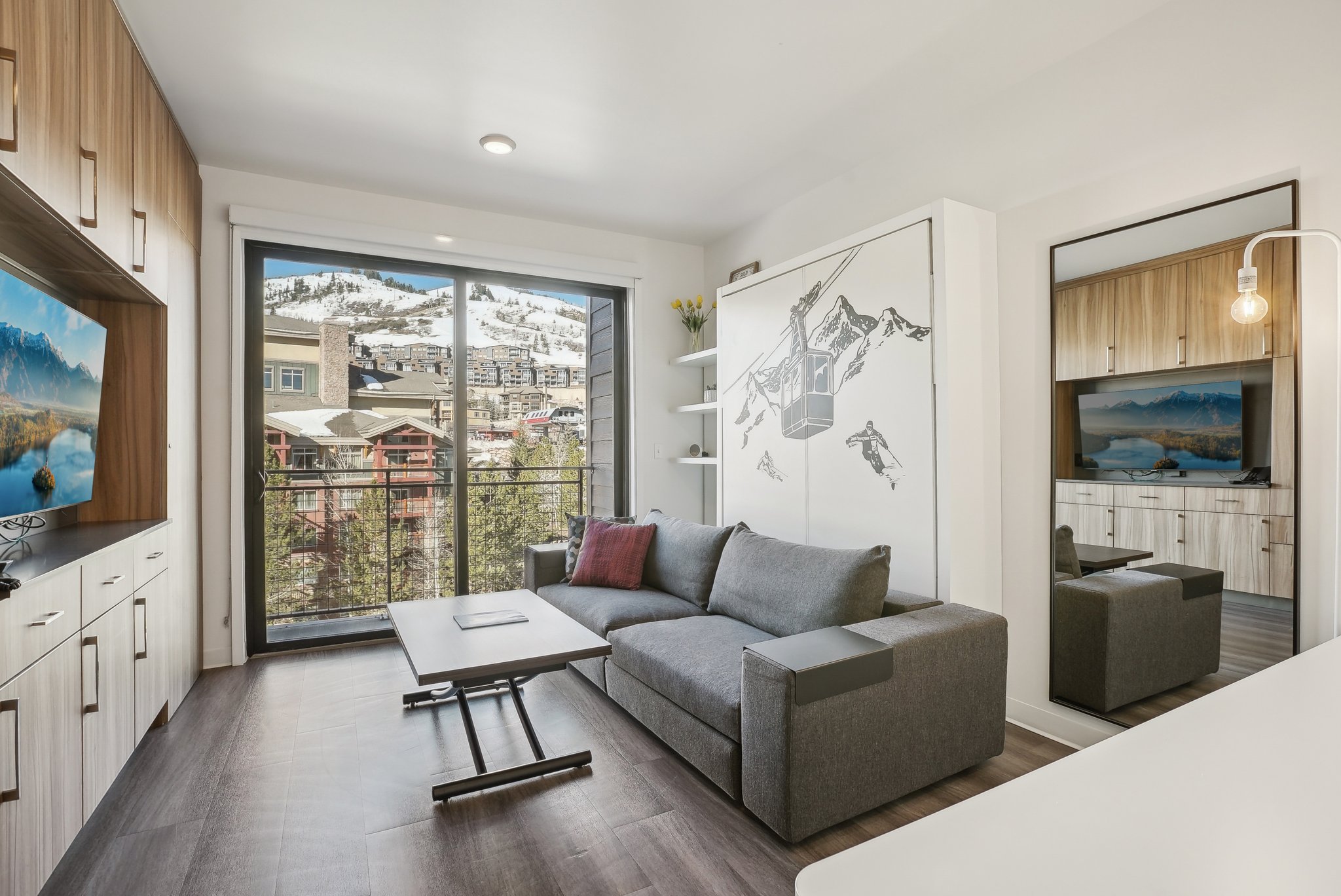 Living area with dark wood-style flooring