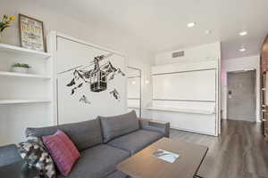 Living room with wood finished floors and recessed lighting