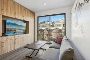 Living area with dark wood finished floors