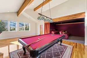 Recreation room featuring billiards, light wood-style flooring, recessed lighting, and shuffleboard