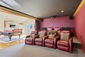 Cinema room featuring lofted ceiling, carpet, billiards table, and recessed lighting