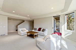 Carpeted living area featuring a raised ceiling and recessed lighting