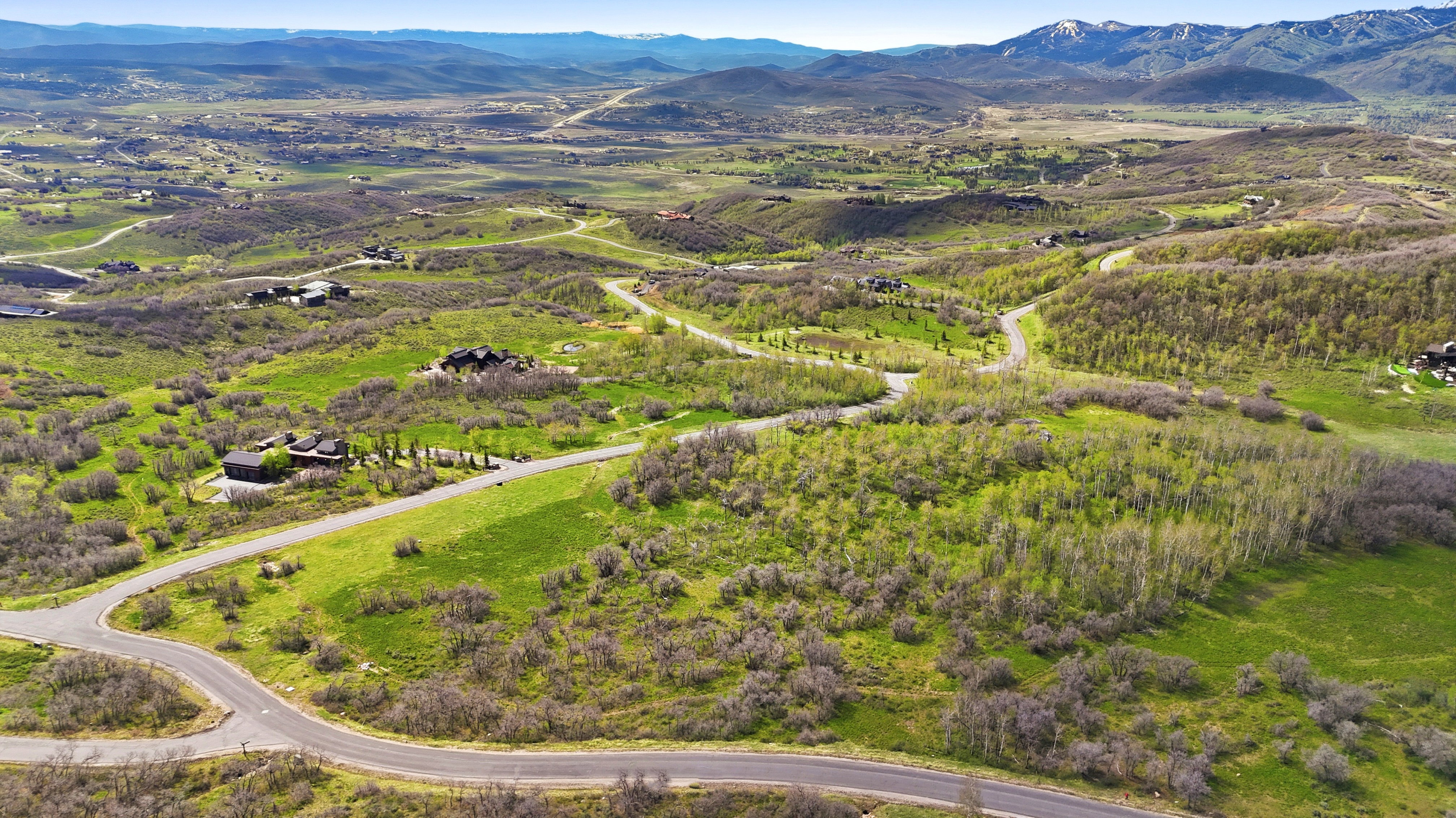Sweeping aerial perspective of a verdant landscape featuring winding paved roads and distant snow-capped mountains