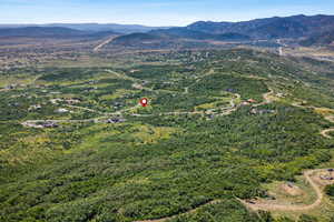 Aerial view of property and surrounding area with mountains and a forest