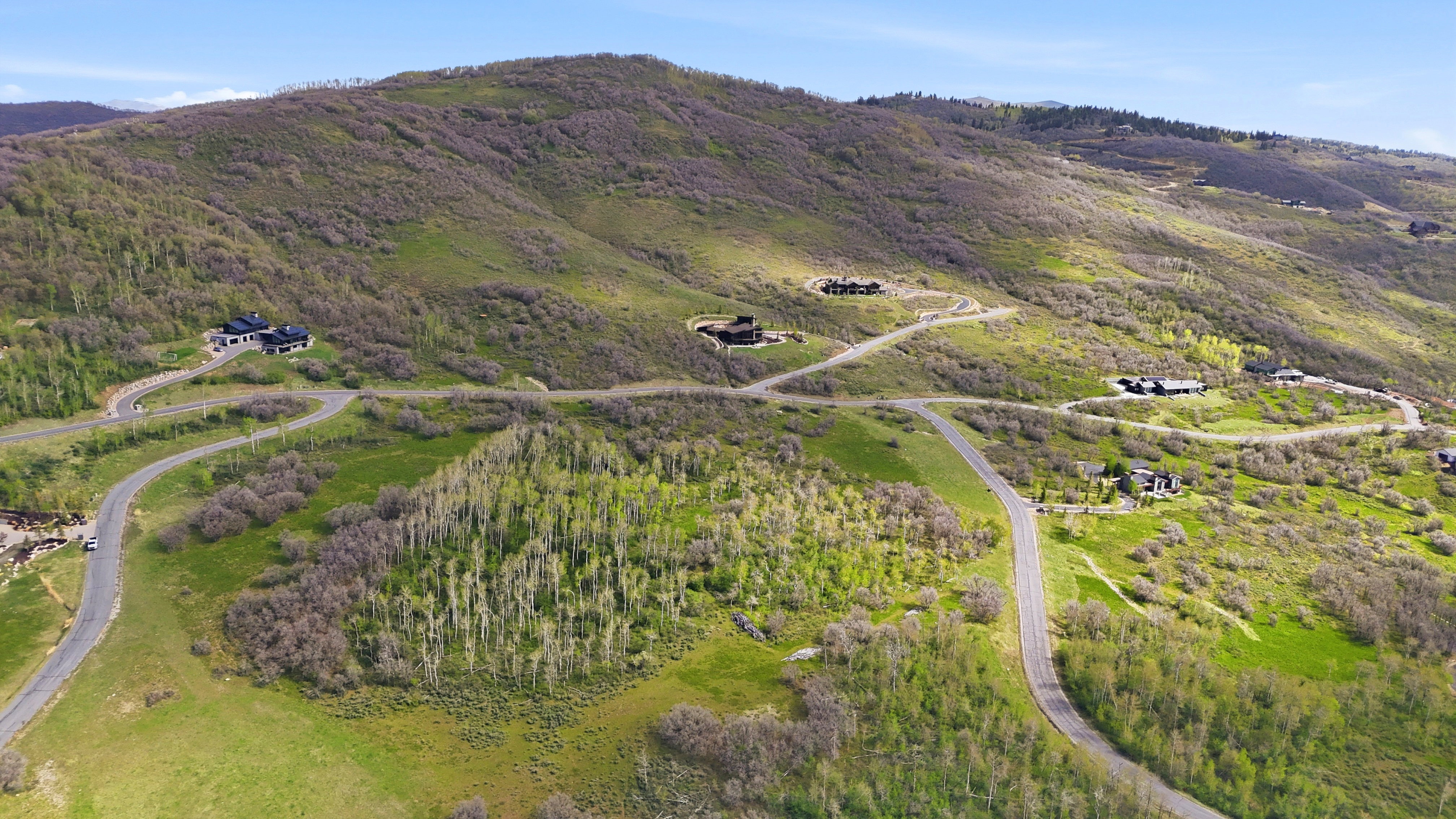 Expansive mountain landscape featuring paved roads and several contemporary residences nestled into the hillside