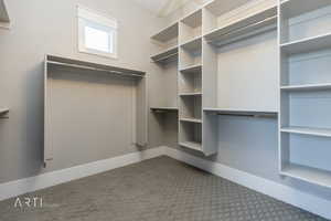 Walk in closet with light carpet