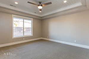 Spare room with carpet flooring, recessed lighting, ceiling fan, and wood ceiling
