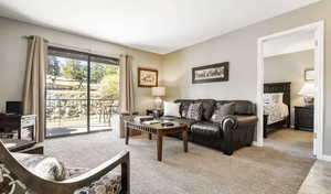 Carpeted living area with baseboards