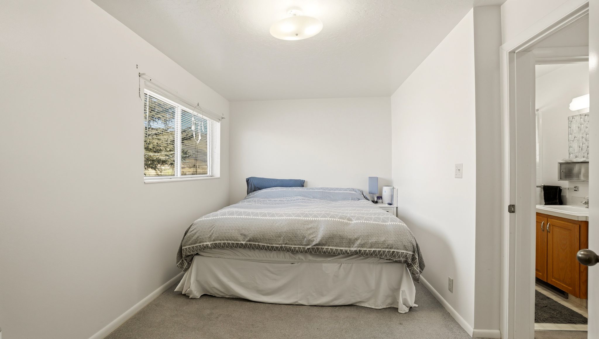 Bedroom with light carpet and baseboards