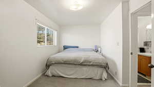 Bedroom with light carpet and baseboards