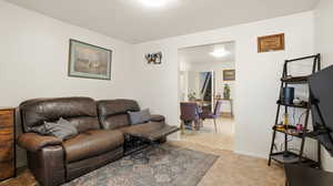Living room with baseboards and light colored carpet