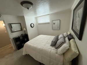 Carpeted bedroom with a textured ceiling and crown molding