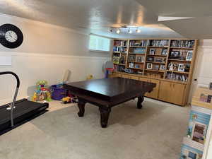 Recreation room featuring a textured ceiling, light colored carpet, a wainscoted wall, and crown molding
