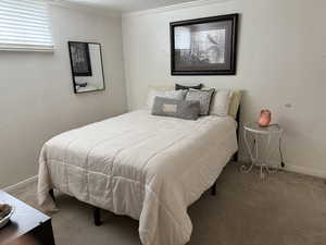 Bedroom with carpet and ornamental molding
