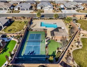 Aerial view of residential area with a pool