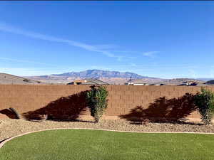 Fenced backyard with a mountain view