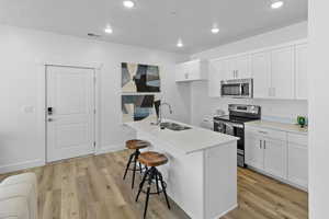 Kitchen with stainless steel appliances, white cabinets, a breakfast bar, a center island with sink, and light wood-style floors