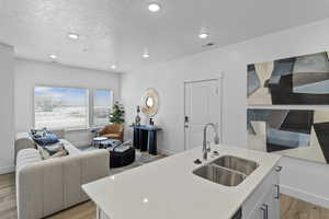 Kitchen with light wood-style flooring, a center island with sink, light stone counters, white cabinetry, and open floor plan