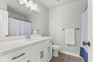 Bathroom with vanity, curtained shower, and dark wood-type flooring