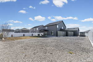 Back of property featuring a fenced backyard, a patio area, a shingled roof, and stucco siding