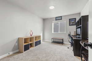 Home office with light colored carpet and baseboards