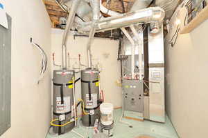 Utilities with strapped water heater, heating unit, and electric panel