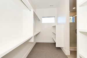 Walk in closet featuring dark carpet