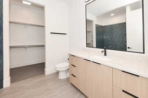 Bathroom with a walk in closet and vanity