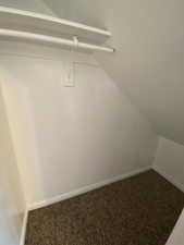 Walk in closet featuring carpet and vaulted ceiling
