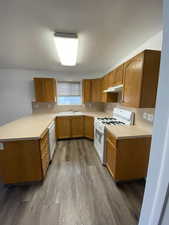 Kitchen with a peninsula, light countertops, white appliances, and dark wood-style floors