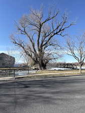 View of asphalt road with sidewalks and curbs