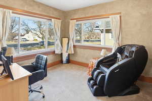 Office space featuring large windows, light colored carpet and baseboards