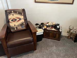 Living area featuring dark colored carpet and baseboards